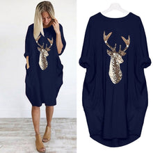 Load image into Gallery viewer, Women's Plus Size Loose O-Neck Pocket Christmas Elk Printed Dress