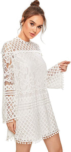 Women Sheer Lace Bell Sleeve Dress