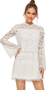 Women Sheer Lace Bell Sleeve Dress