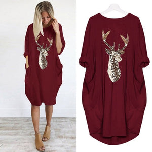 Women's Plus Size Loose O-Neck Pocket Christmas Elk Printed Dress
