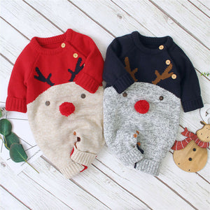 Christmas Reindeer Printed Warm Knitted Long Sleeve Romper