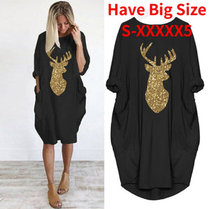 Women's Plus Size Loose O-Neck Pocket Christmas Elk Printed Dress