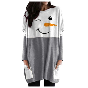 Women Snow Man Printed  Oversize Long Sleeve T-Shirt Blouse